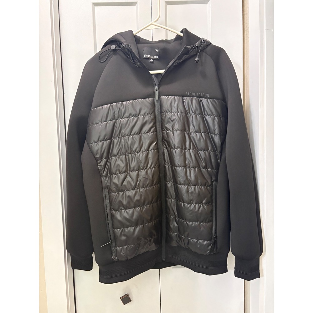 Stone Falcon Black Hybrid Puffer Hoodie Jacket Women Size M Full Zip Quilted
